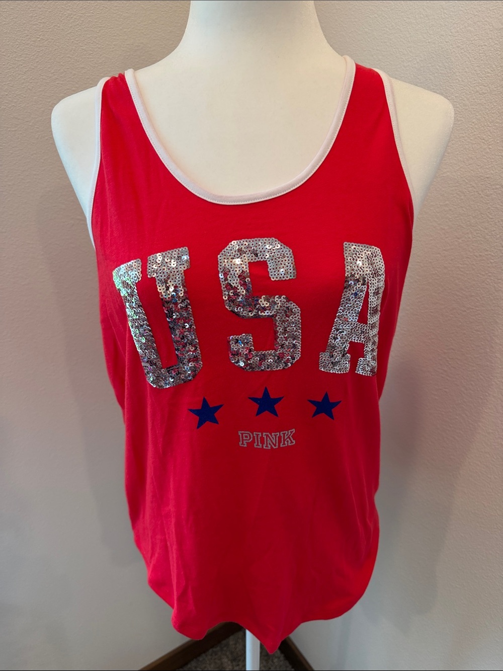 PINK Victoria's Secret Red Sequin USA Tank Top with Navy Stars Medium NWOT